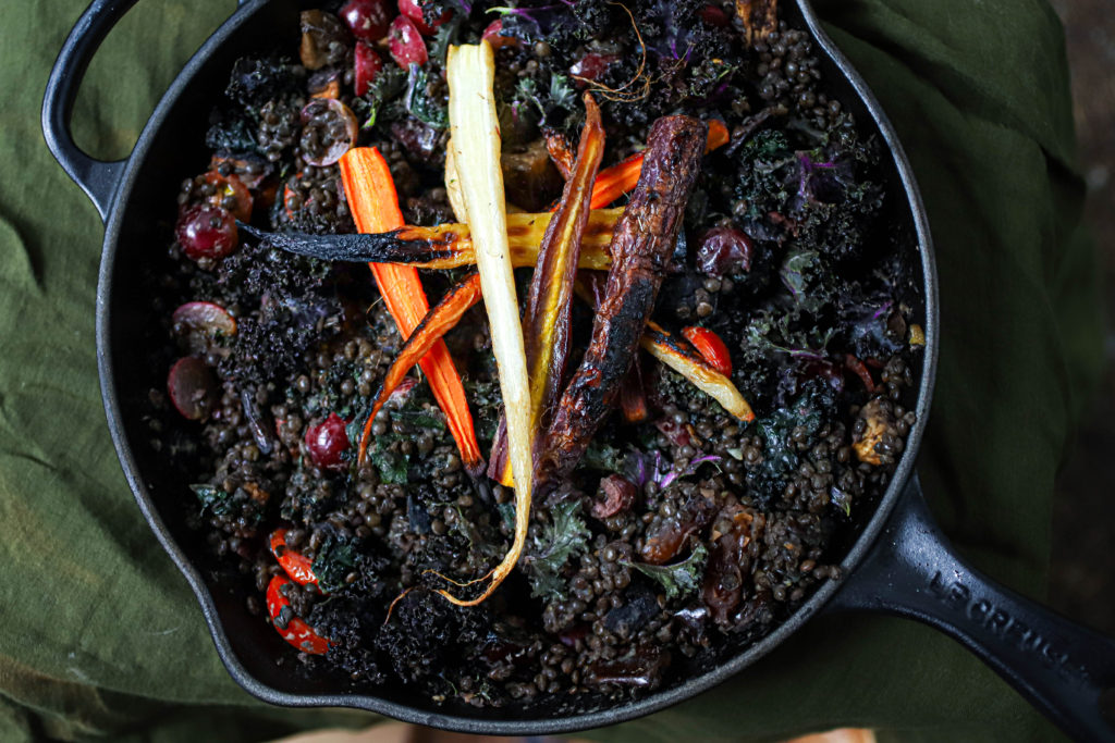 lentil salad with roasted crispy carrots