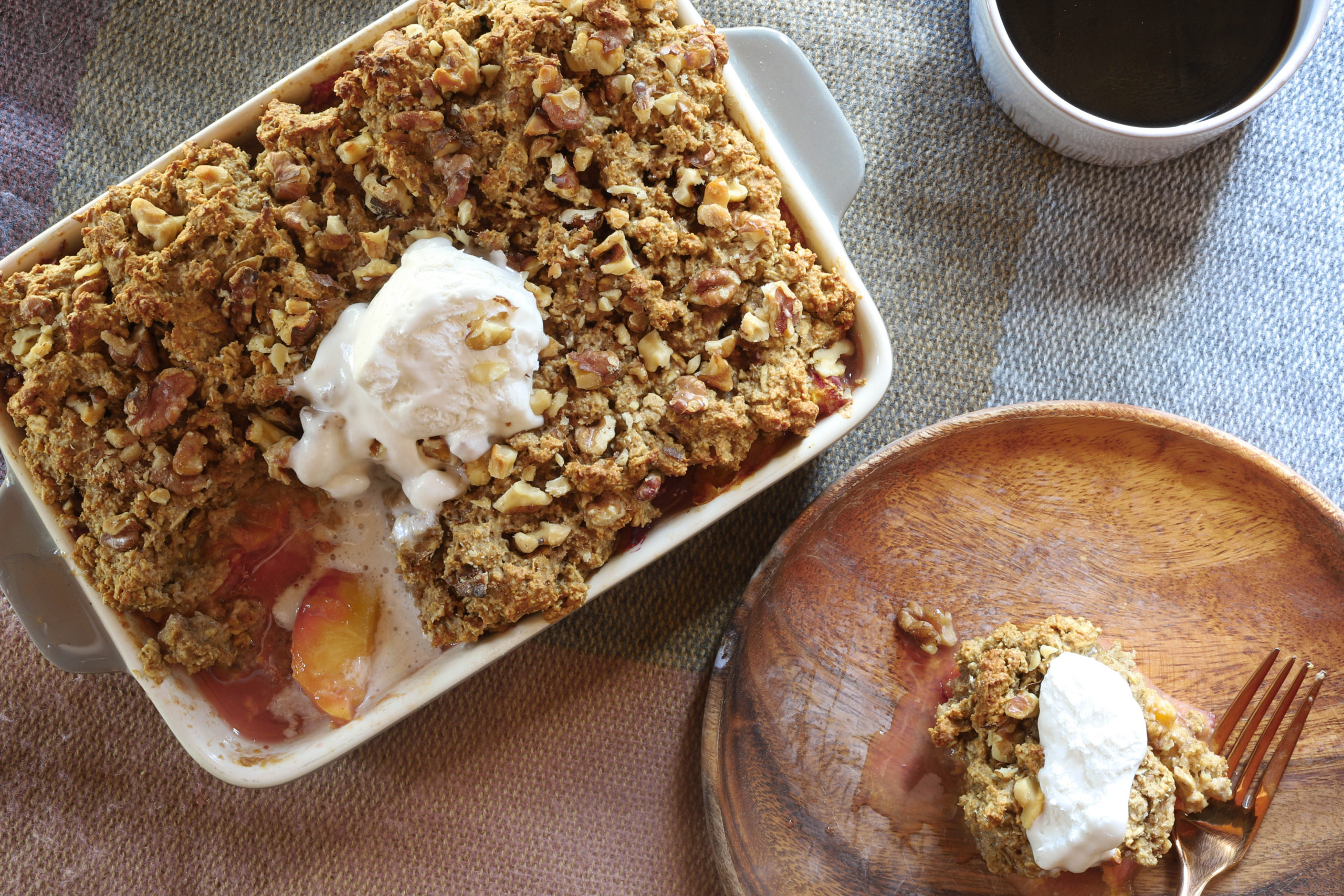 a slice of peach and oat cookie pie