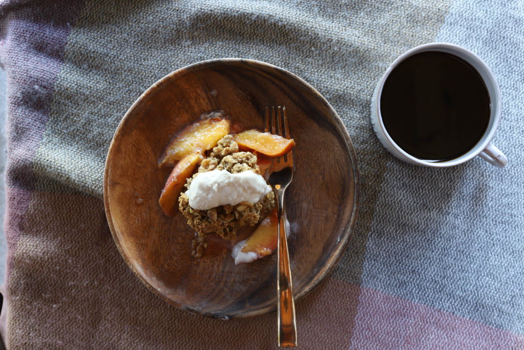 a piece of peach cookie pie and a coffee